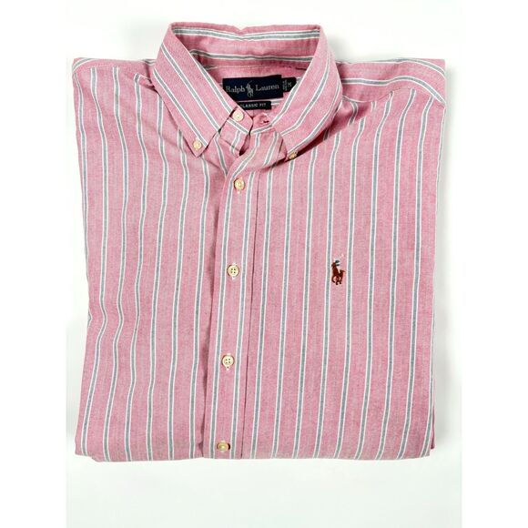 Vintage Ralph Lauren Men’s Classic Fit Button Up Shirt | Pink Blue Stripe Size M - Picture 1 of 9